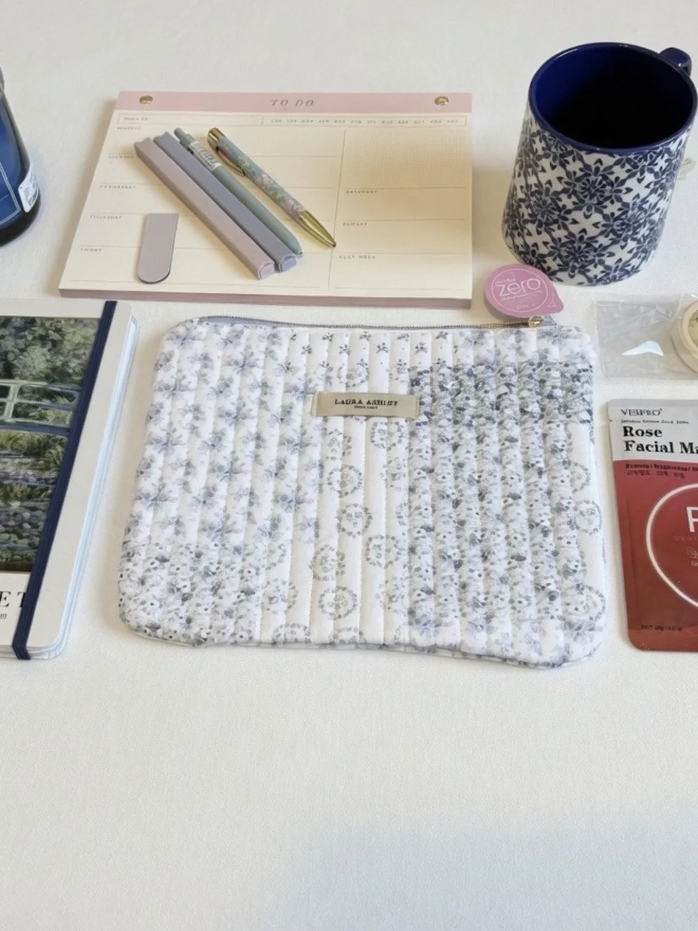 Laura Ashley Quilted Floral Zip Pouch with journal and self care items - Picture 2 of 9